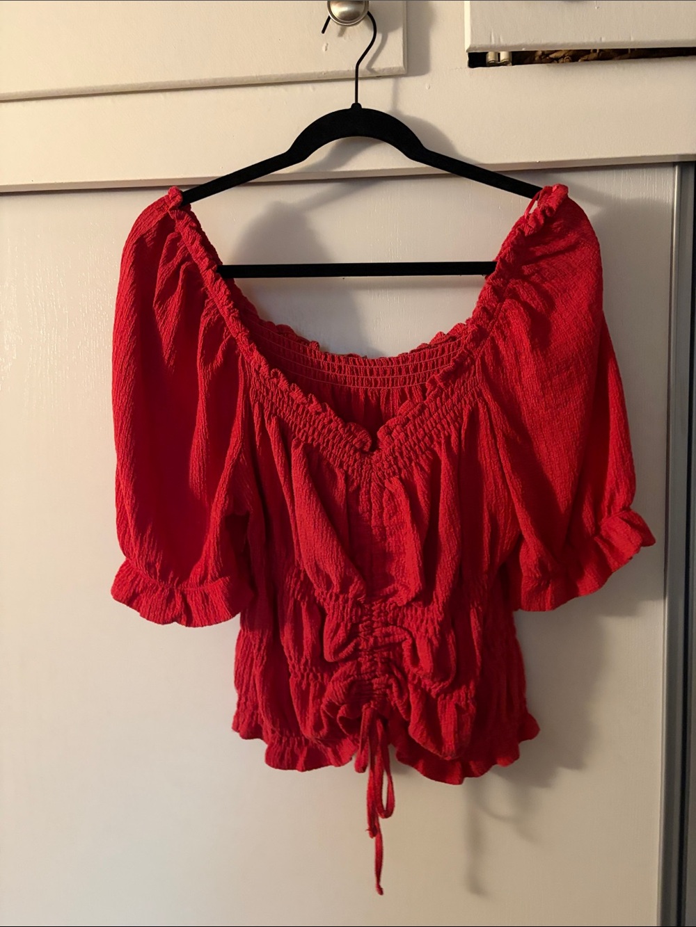 Anthropologie Hot Pink Ruched Peasant Top